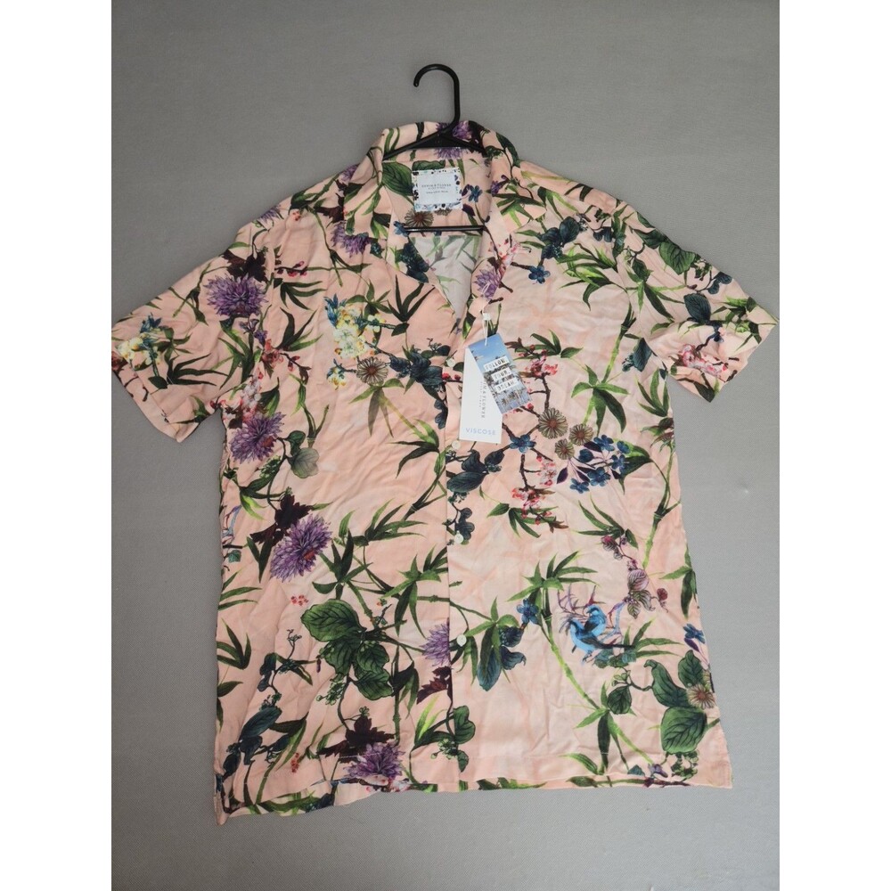 Denim & Flower Ricky Singh Mens M Pink Botanical Hawaiian Shirt Viscose NWT